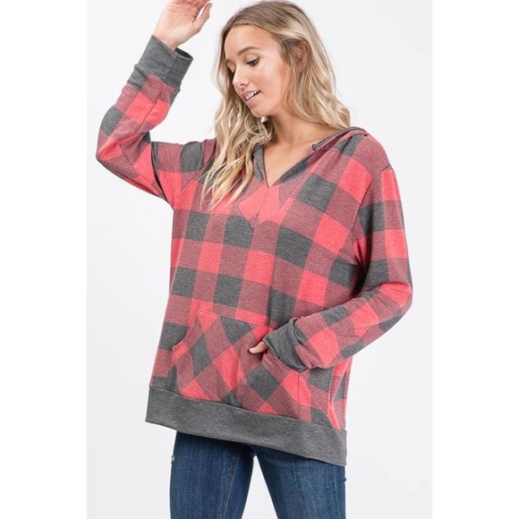 NWT!! Red & Gray Plaid V-Neck Hooded Top - Picture 8 of 9